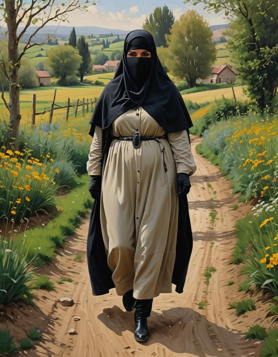 European Woman in Niqab Walking in Countryside Oil Painting