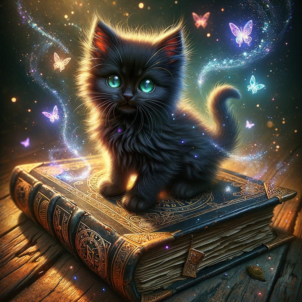 Mischievous Black Kitten on Ancient Mystical Book