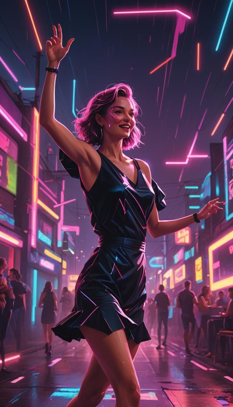Dynamic Woman Dances in Neon Nightclub Scene