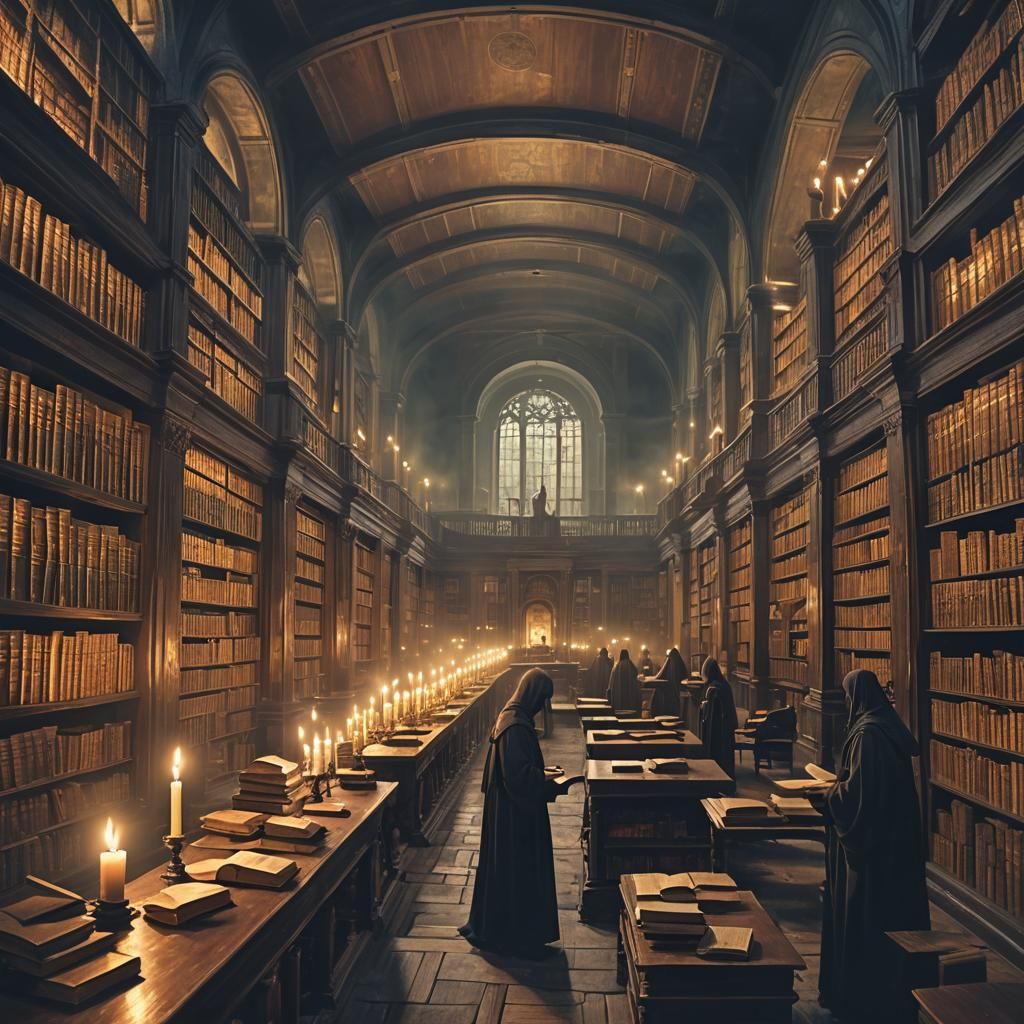 Ethereal Glow in Abandoned Library with Ghostly Scholars