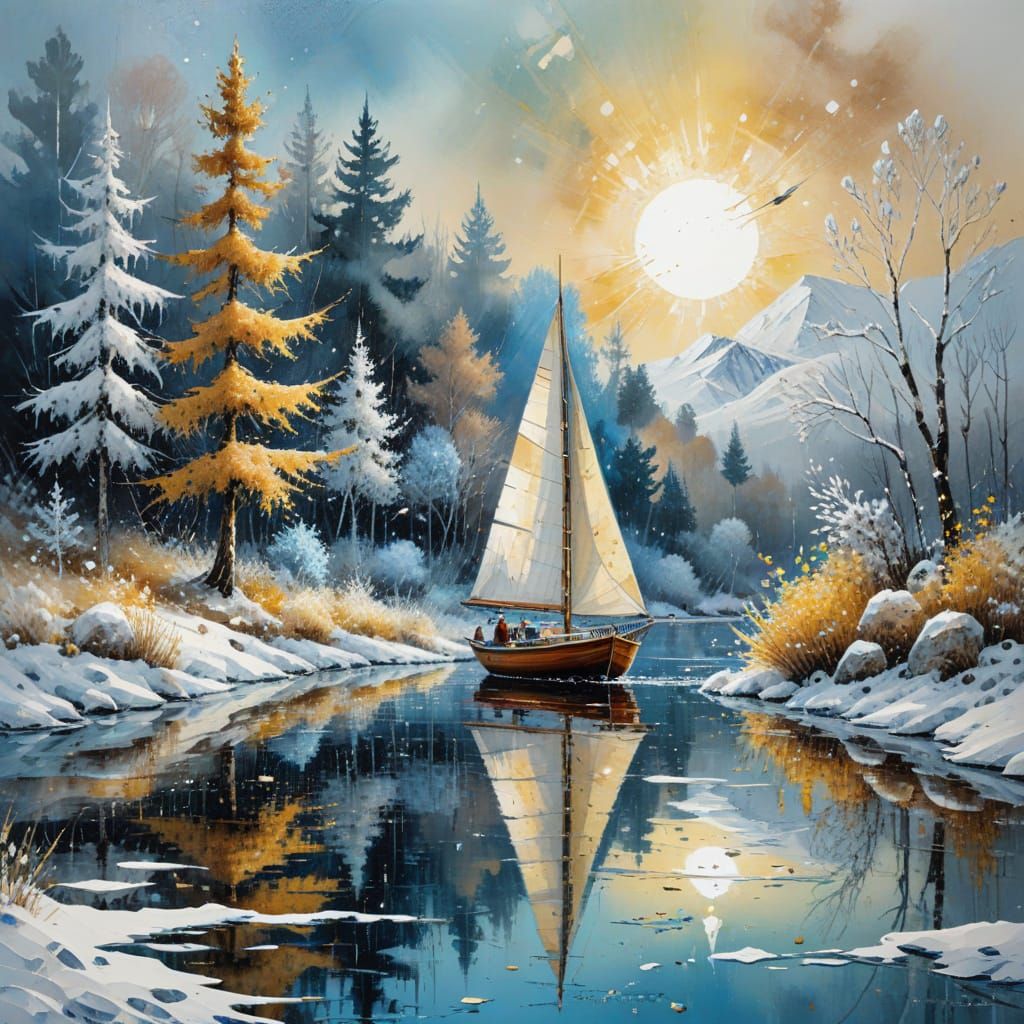 Winter Lake Serenity with Sailing Boat in Pastel Watercolor