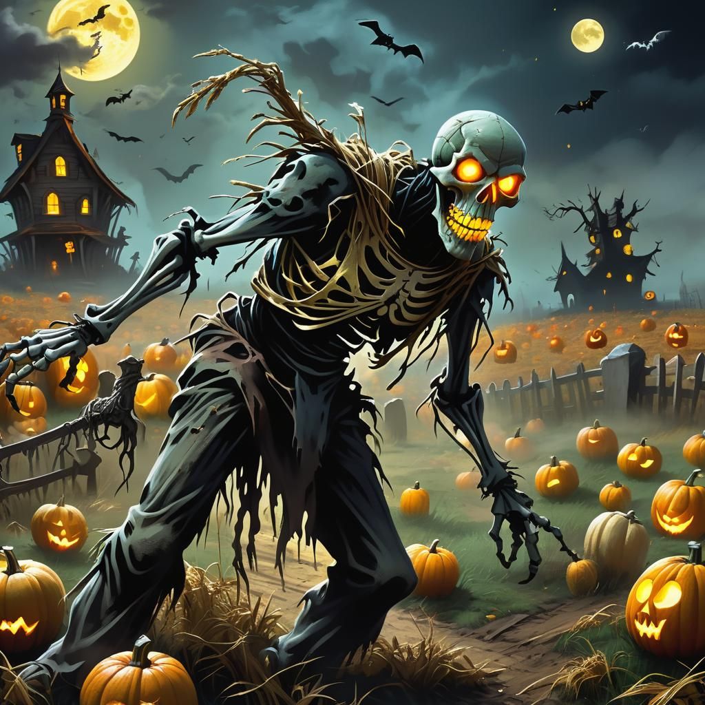 Scarecrow Horror Descends, Straw and Skeleton Spilling Out