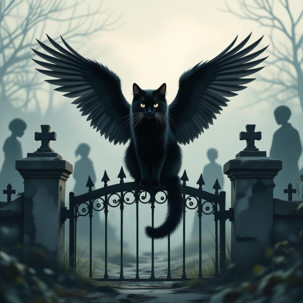 Gothic Black Cat with Wings in Foggy Cemetery
