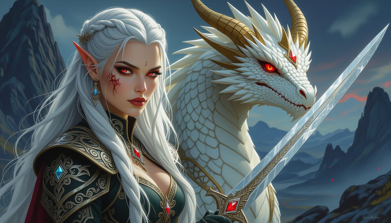 Fae Warrior and Dragon in Mystical Norse Landscape