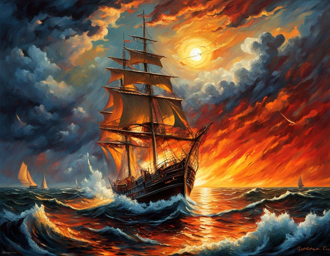 Epic Stormy Sea Battle: Sailing Ship Under Fiery Moon