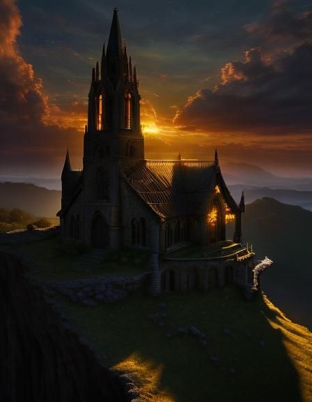 church, standing on a cliff edge with a beautiful sunset