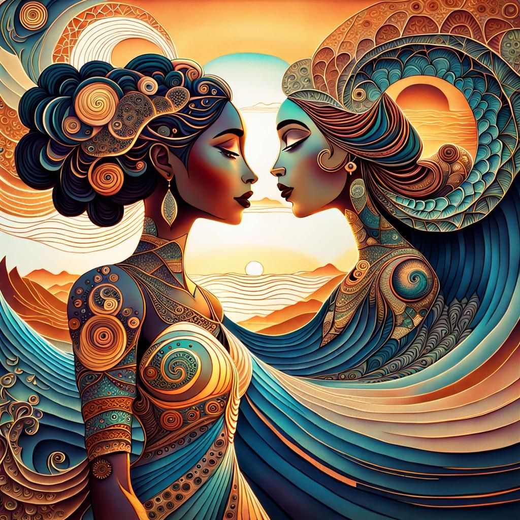 Dreamlike Woman and Girl in Art Brut Sunset Scene