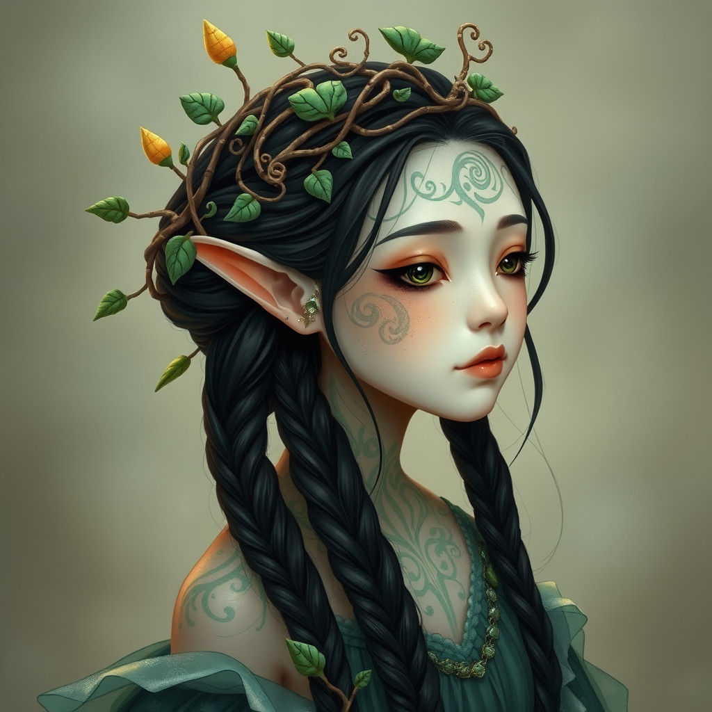 Whimsical Wood Elf Maiden Adorned in Emerald Crown