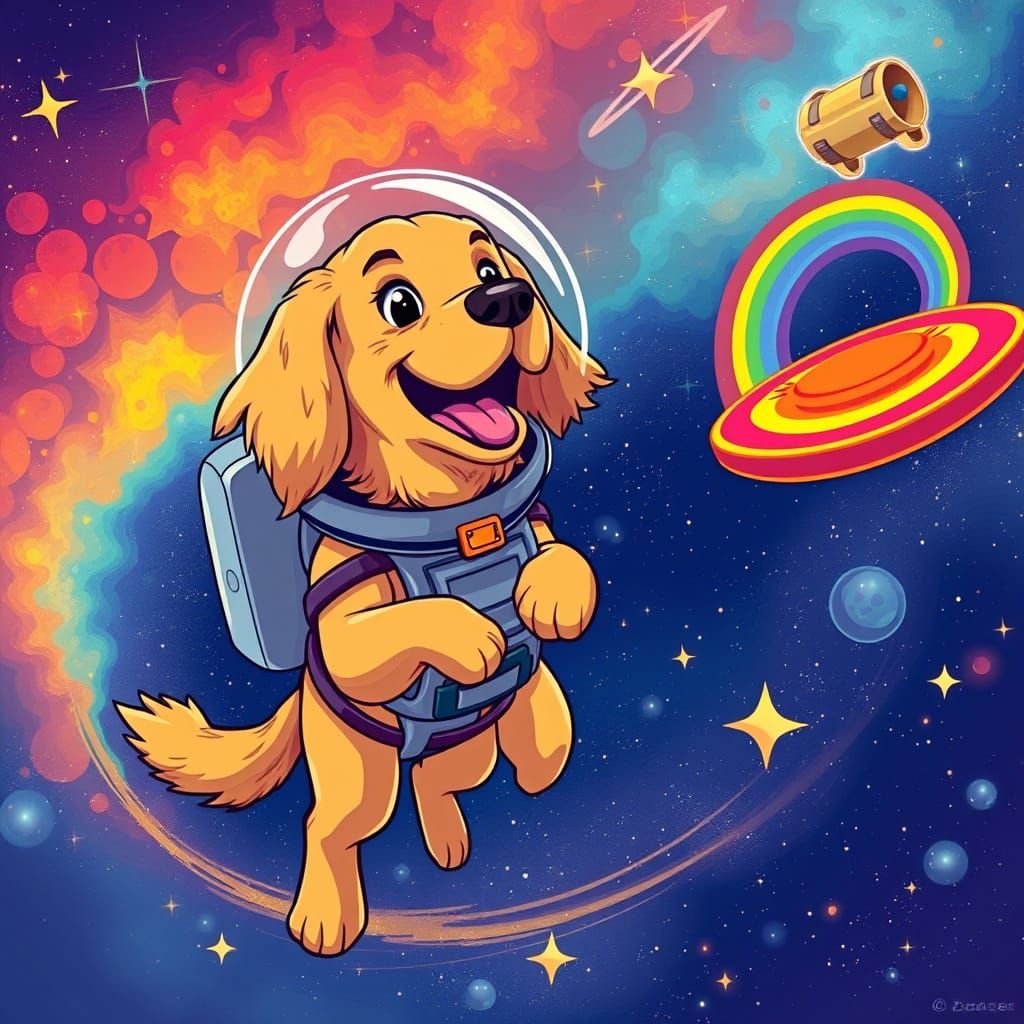 Cosmic Golden Retriever Chases Rainbow Frisbee Through Vibra...