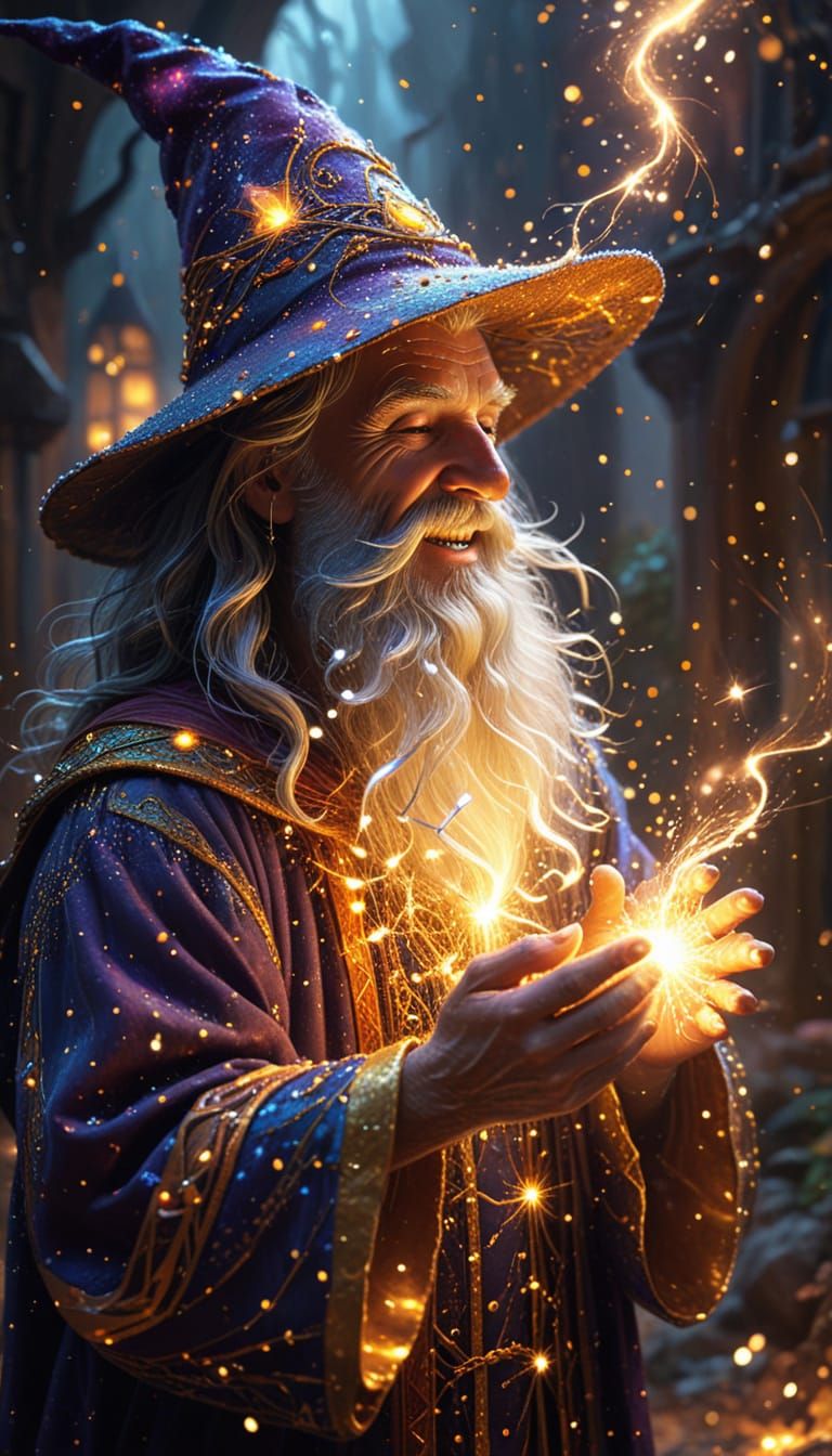Whimsical Wizard Giggles in Dreamlike Fantasy Art