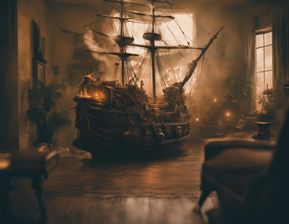 Galleon Sails Through Living Room in Dreamlike Style