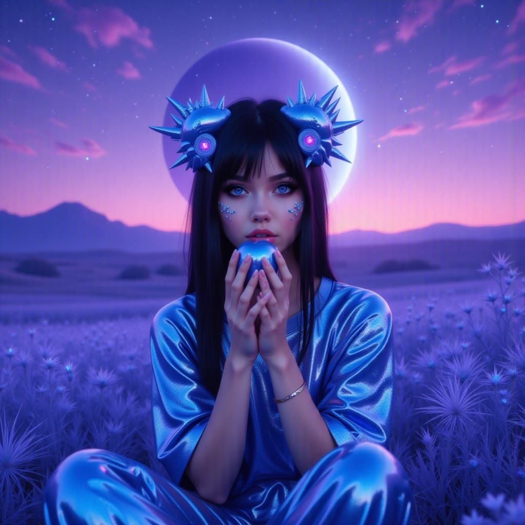 Alien Planet Woman Eating Blue Apple Under Purple Sky
