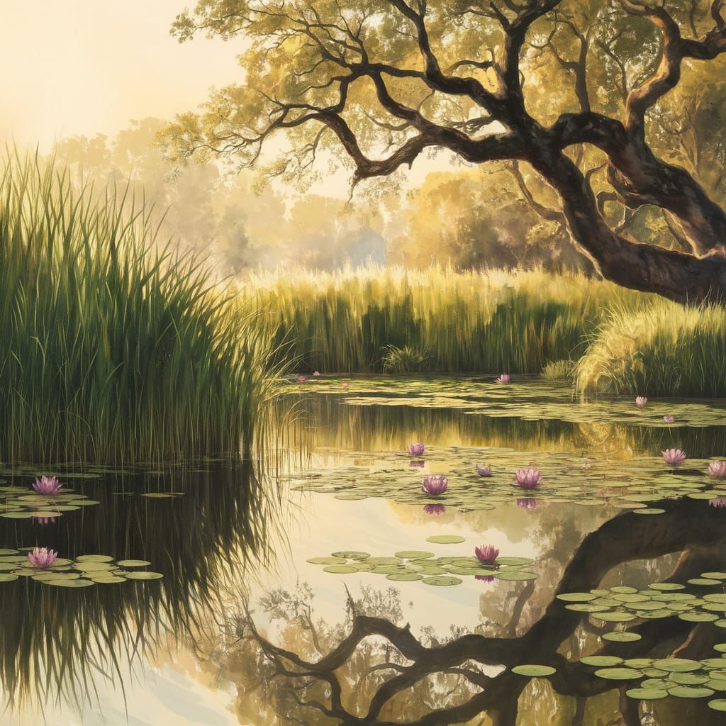 Surreal Watercolor of Serene Pond in Soft Golden Light