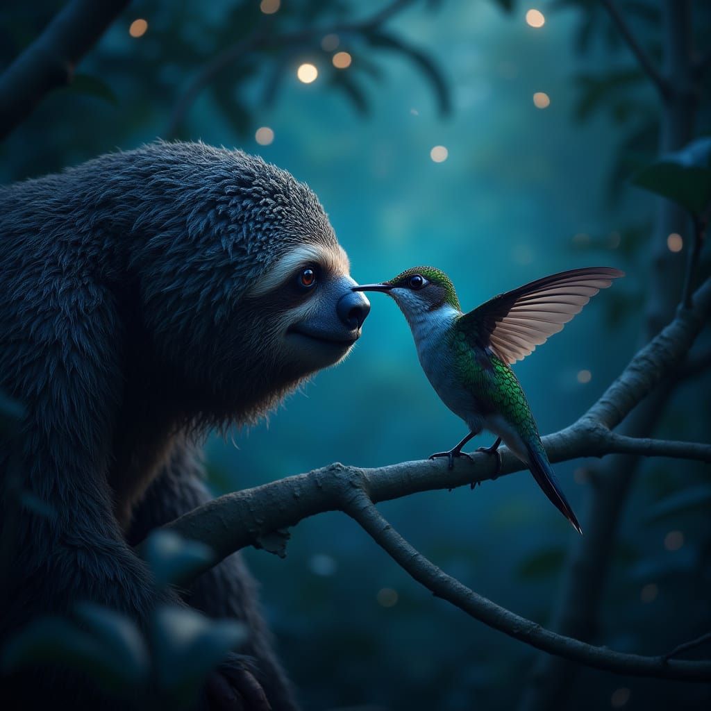 Hummingbird Whispers Secrets to Giant Sloth in Bioluminescen...