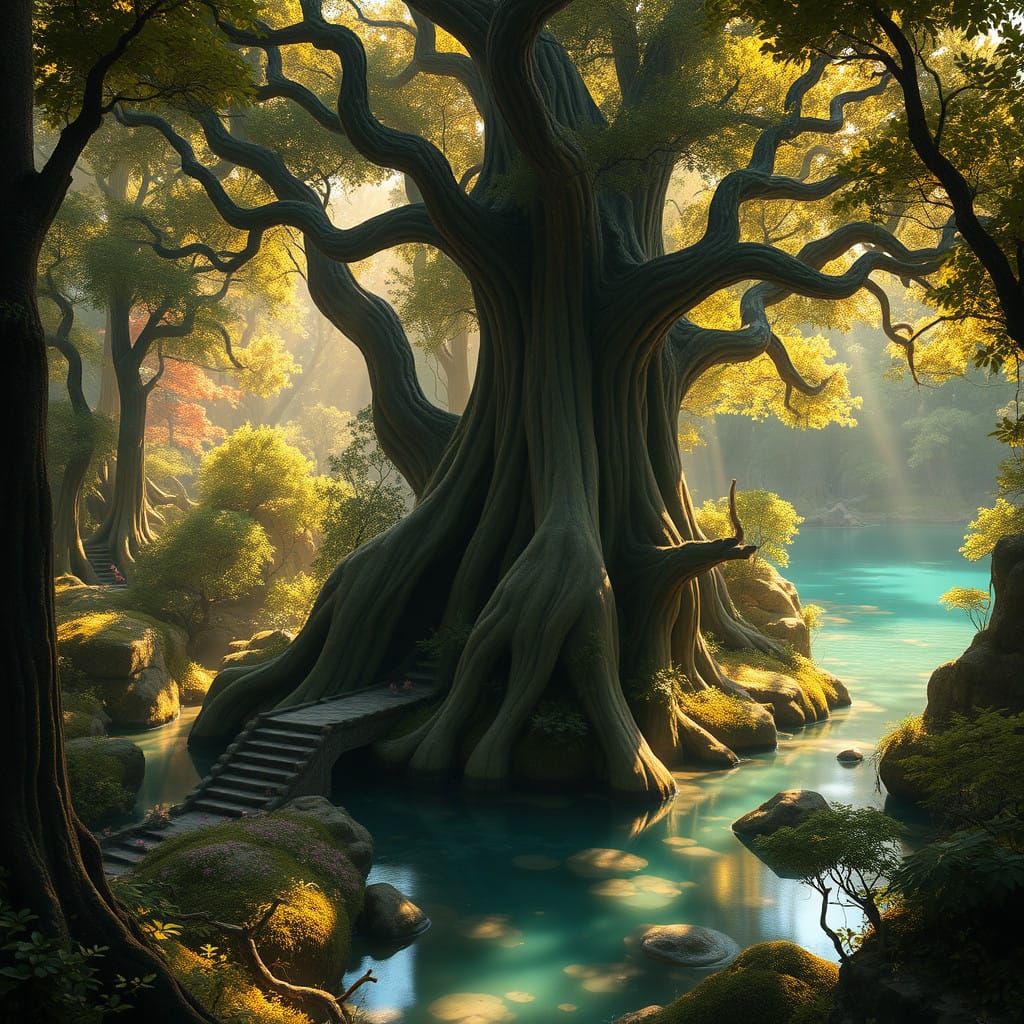 Serene Magical Forest in Earthy Tones, Teeming with Fantasti...