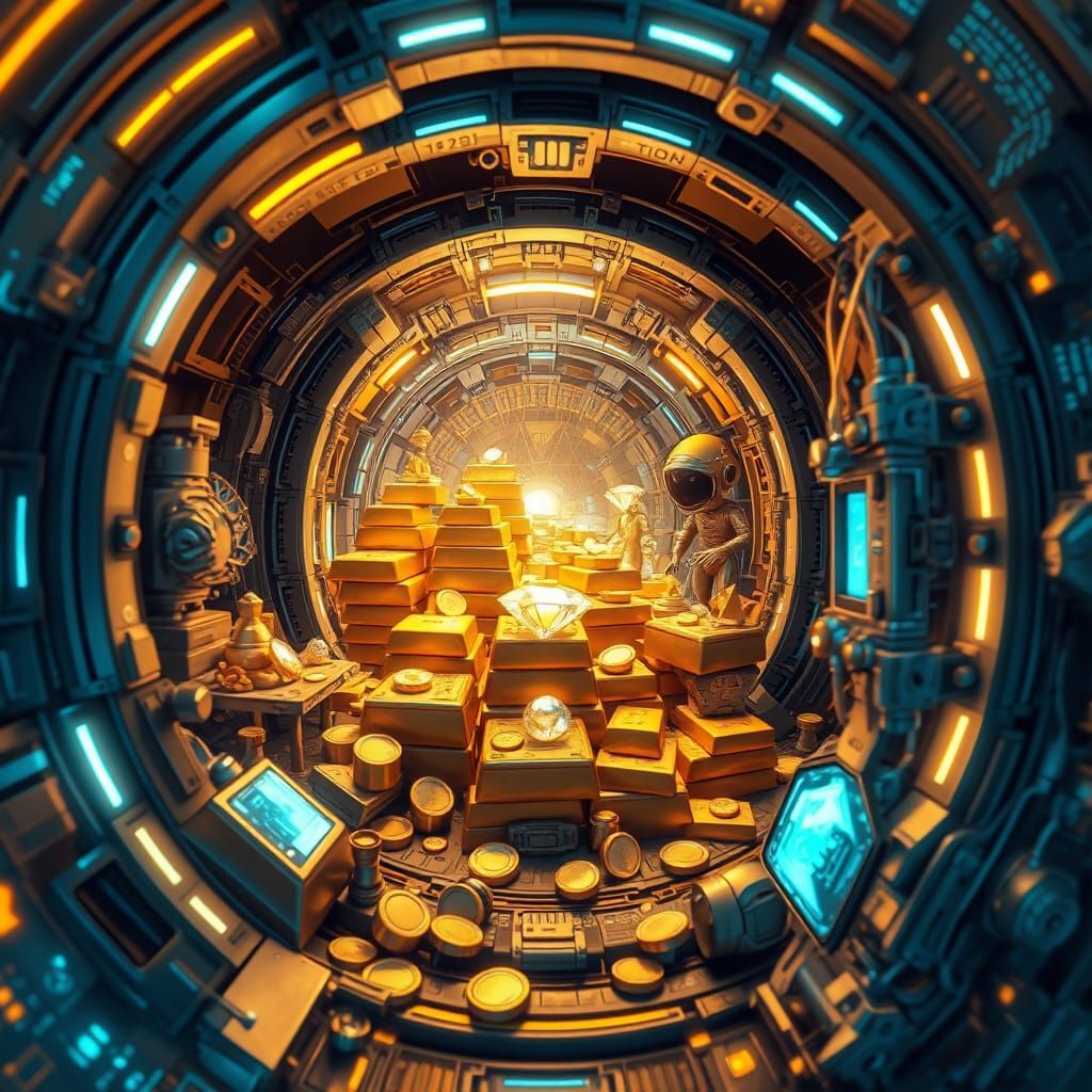 Futuristic Vault of Gold and Alien Artifacts