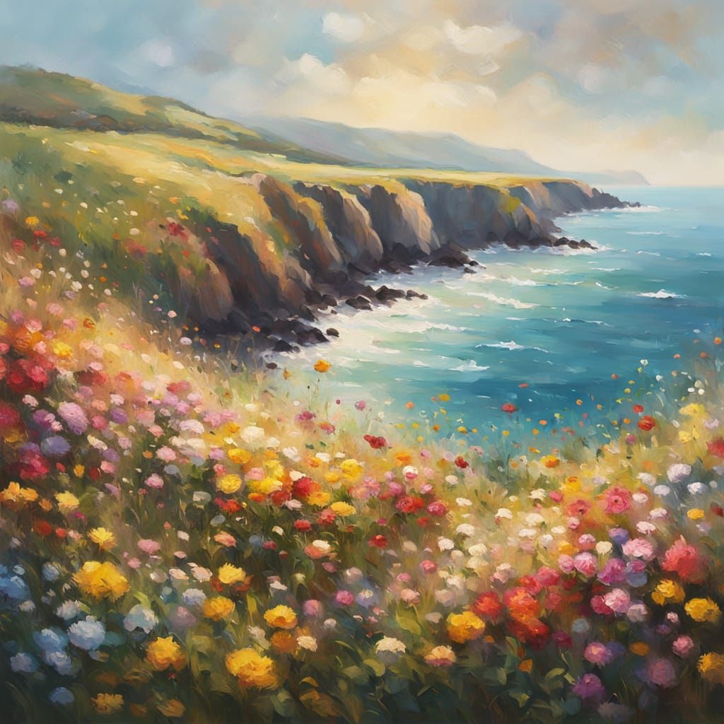 Colorful Clifftop Ocean View as Impressionist Painting
