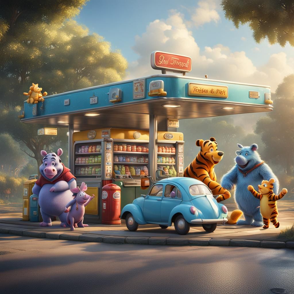 Beneath the Petrol Station: Winnie the Pooh Characters Enjoy...