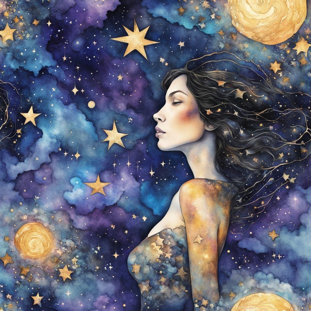 Surreal Starry Night Dreamscape in Watercolor Ink Splashes