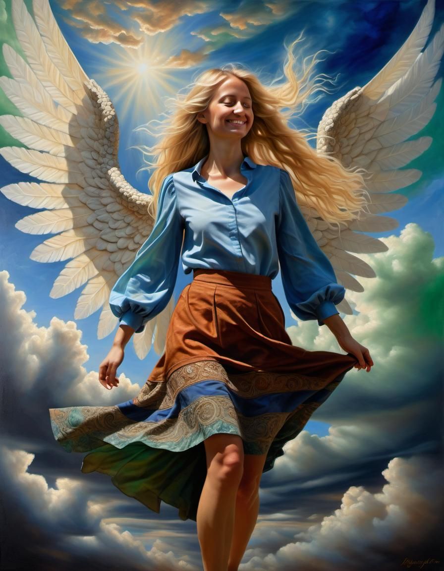 A Petite Woman Walks Amongst Clouds in a Renaissance-Inspire...