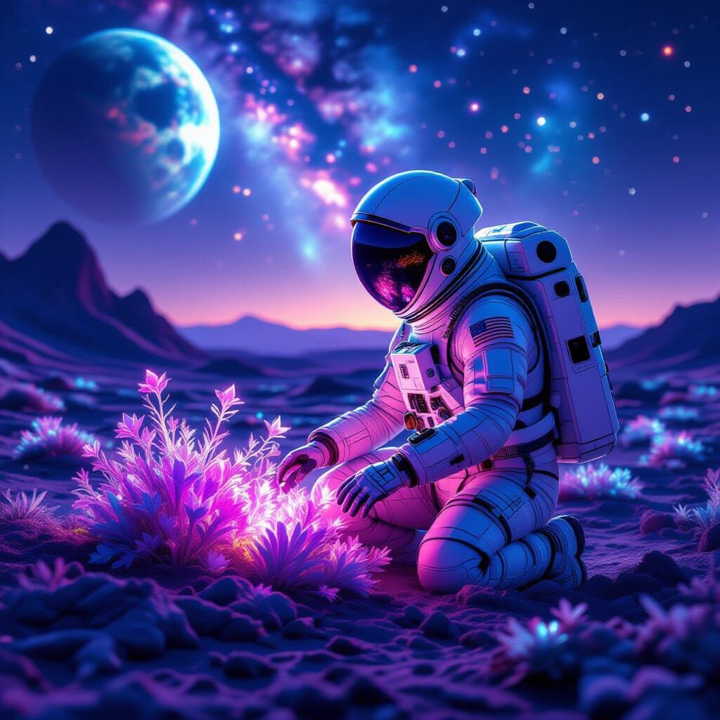 Astronaut Tends Alien Garden Under Nebula Sky