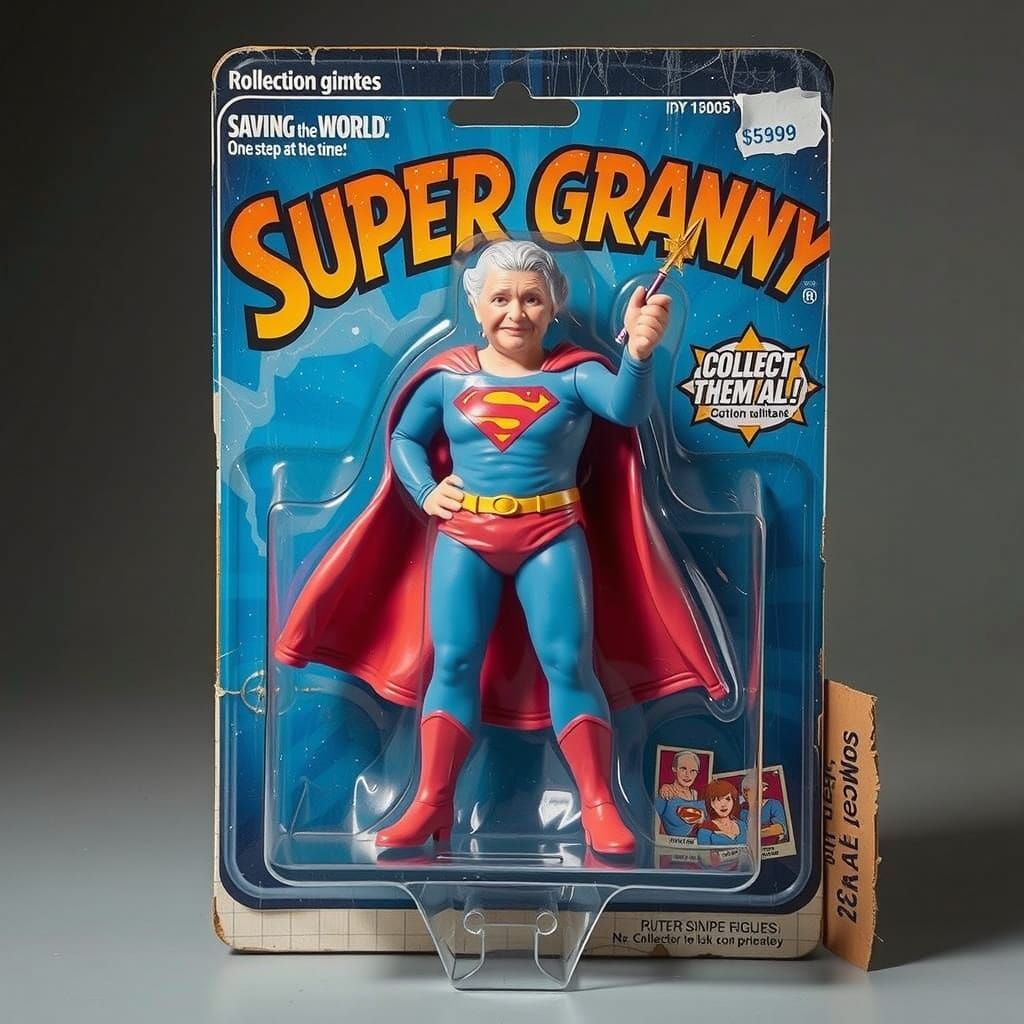 Retro-Futuristic Super Granny Action Figure Box Art