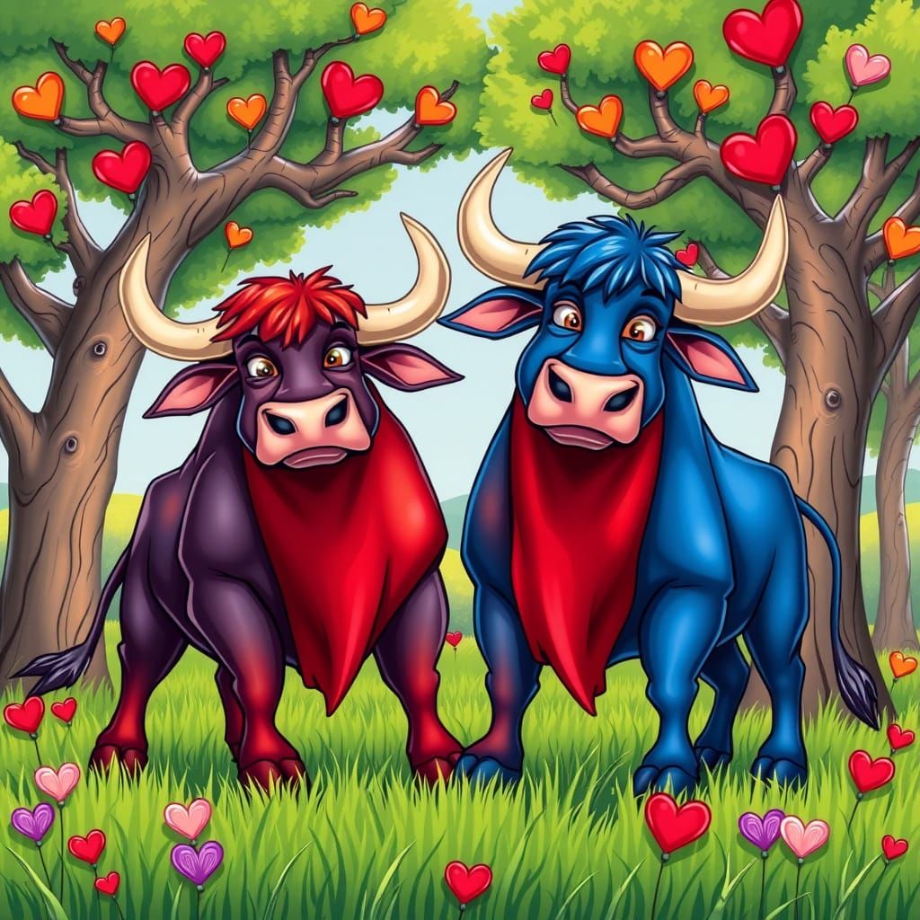 Vibrant Cartoon Bulls in a Heart-Shaped Meadow
