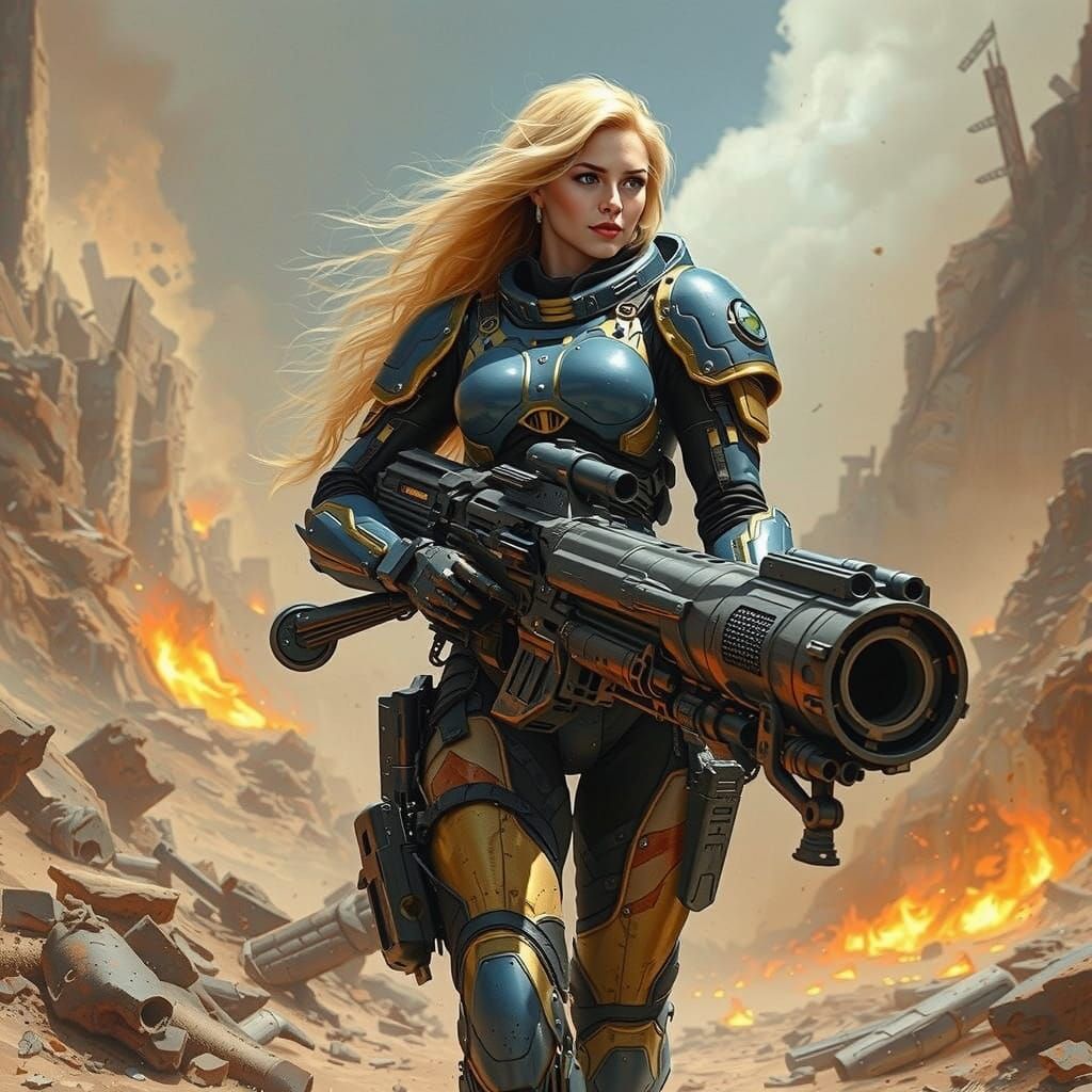 Confident Woman in Power Armor on Alien Planet
