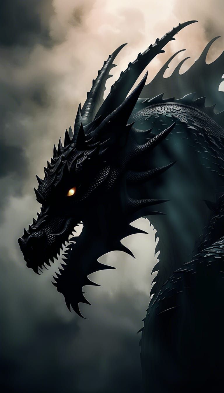 Ethereal Dark Dragon Lurks in Foggy Landscape