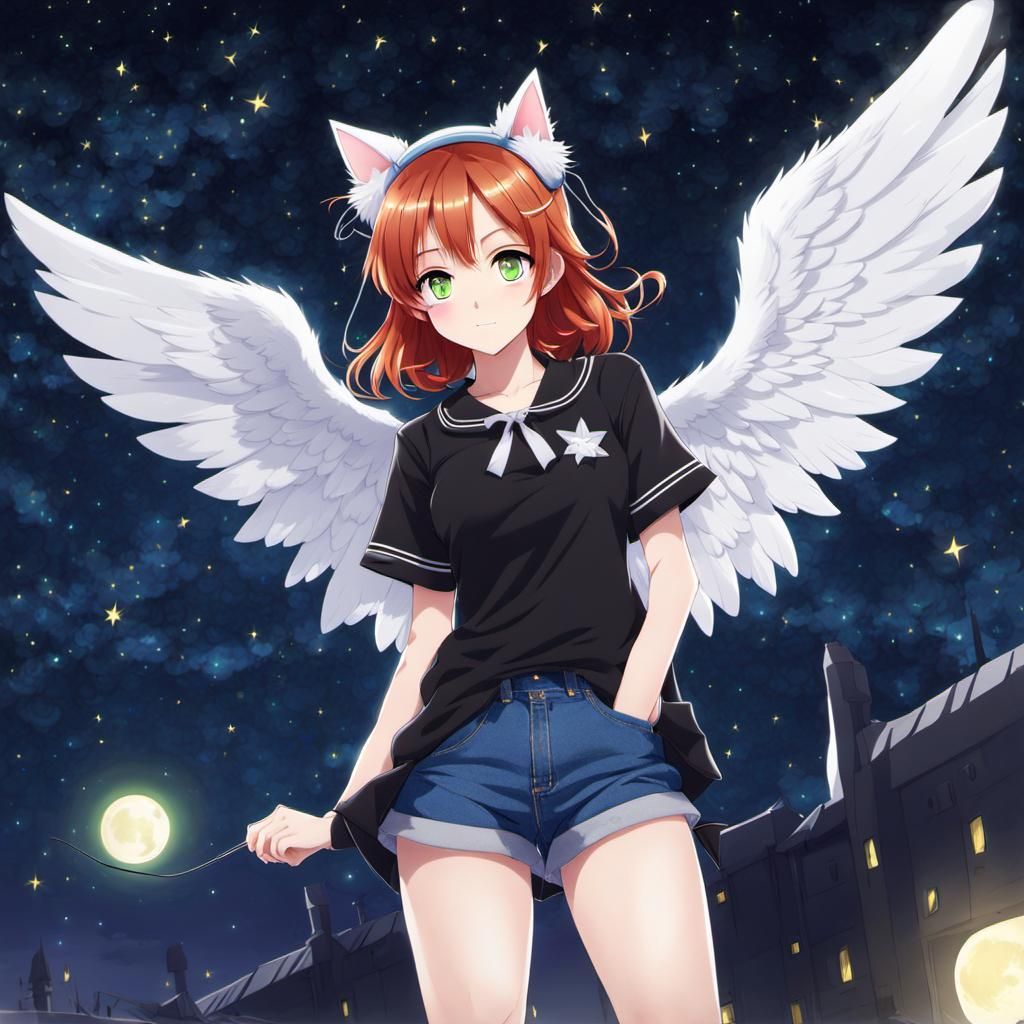Japanese Anime Angel with Red Hair and Cat Ears