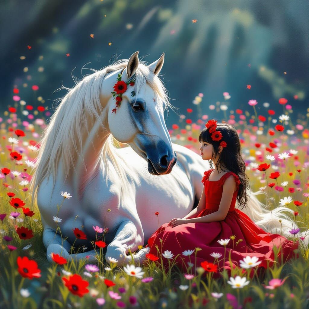 White Horse & Girl in Luminescent Field, Street Art Style