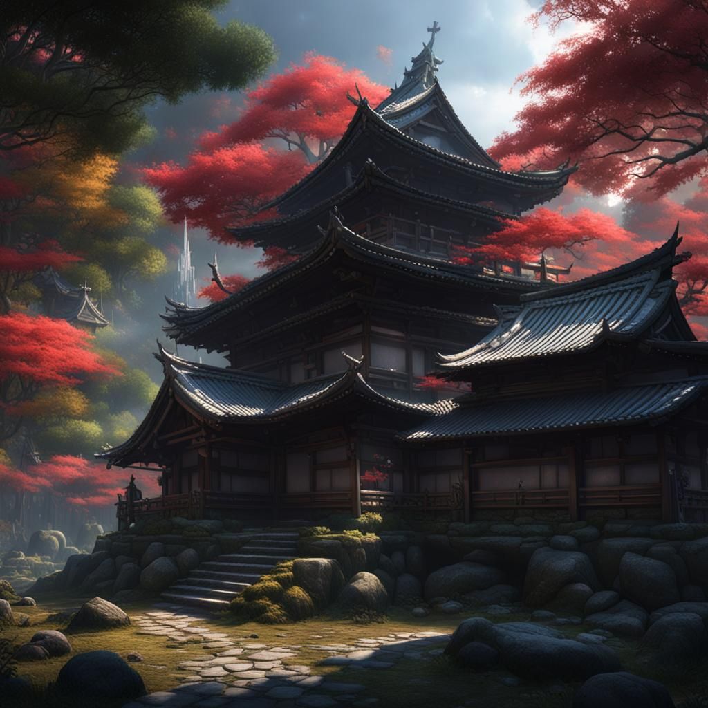 Dark Fantasy Village in Cherry Forest, Japan, with Angelic S...