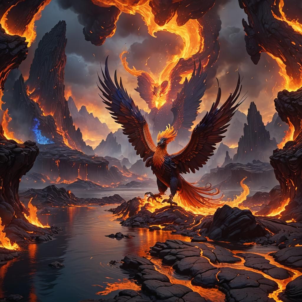 Majestic Phoenix Rises from Lava in Cyberpunk Digital Art