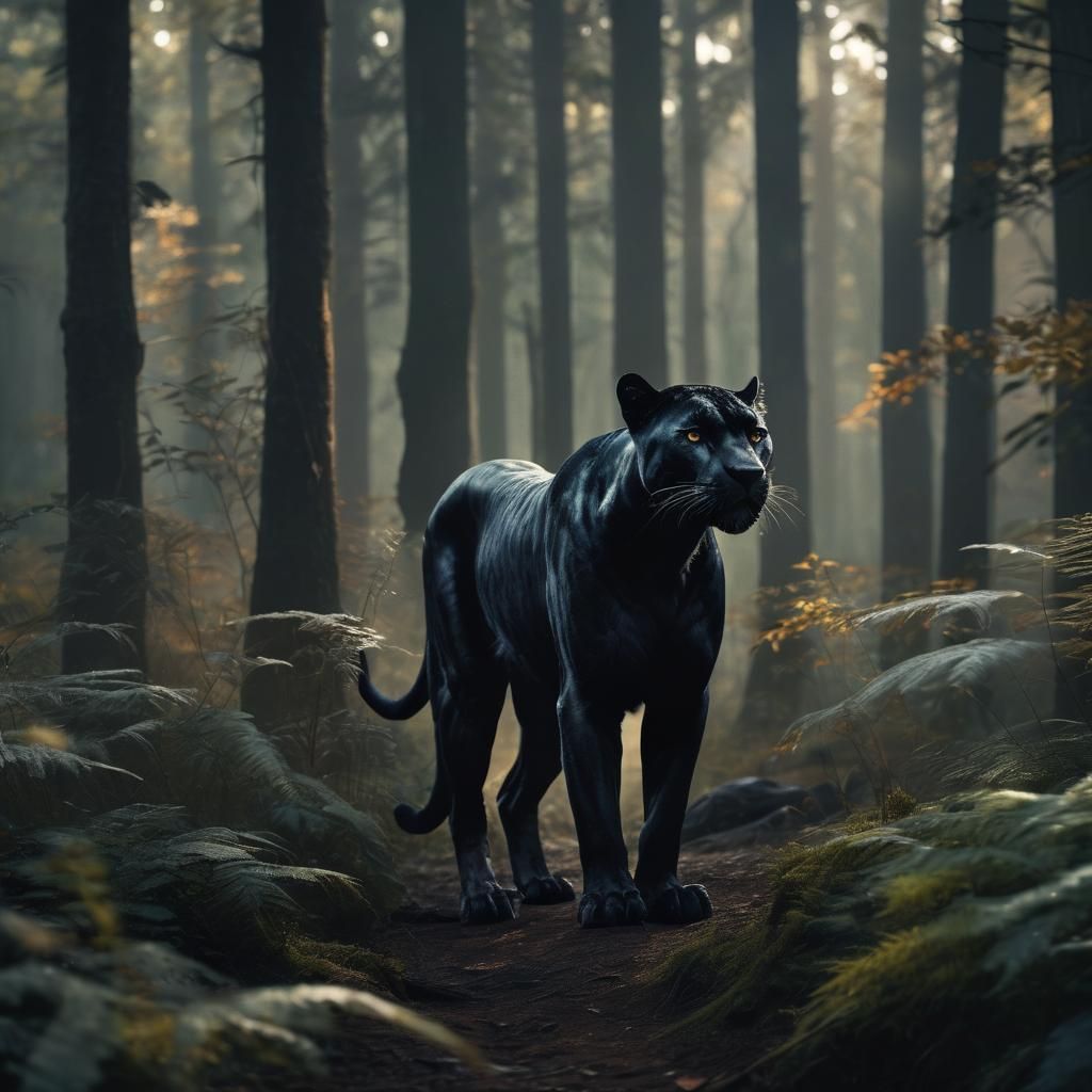 Epic Black Panther in a Misty Forest Landscape