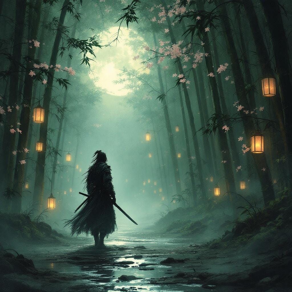 Spectral Samurai in Haunted Bamboo Forest, Ukiyo-e Style