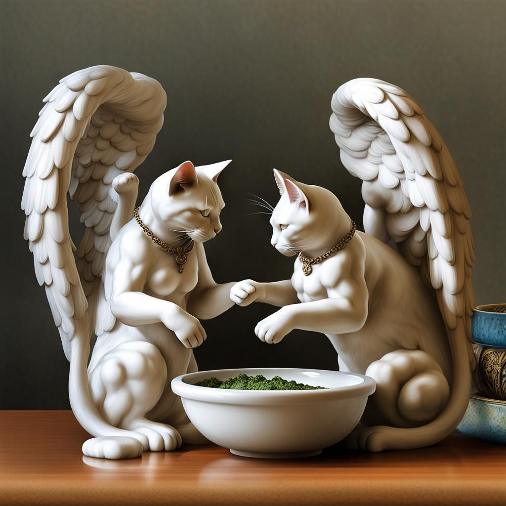 Angelic Felines Worship Feline Deity in Marble