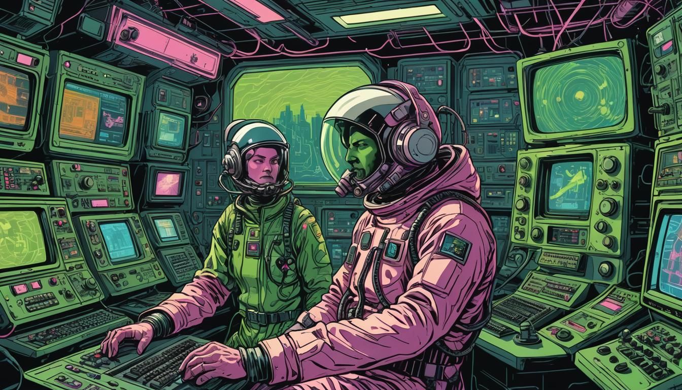 Retrofuturistic Control Room in Polish School of Comics Styl...