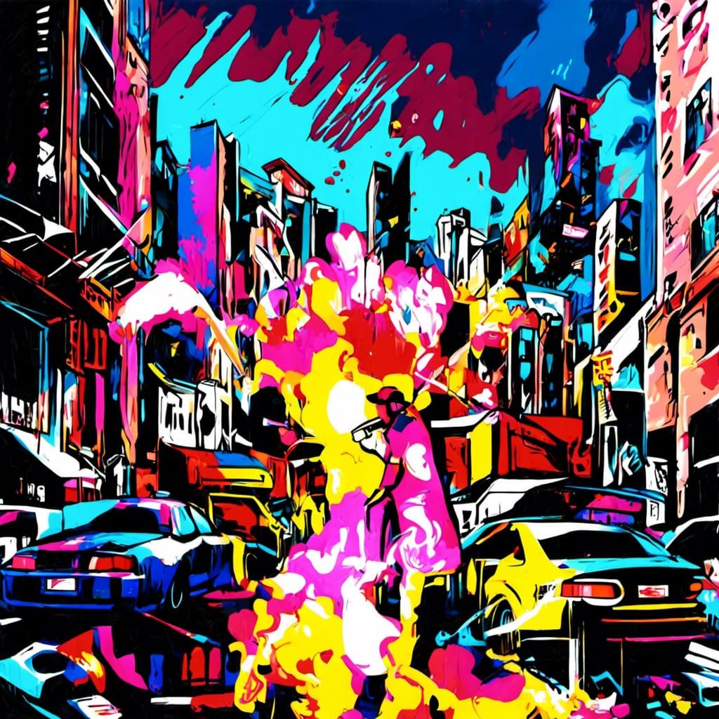 Vigilante Amidst Chaos in Vibrant Graffiti Style