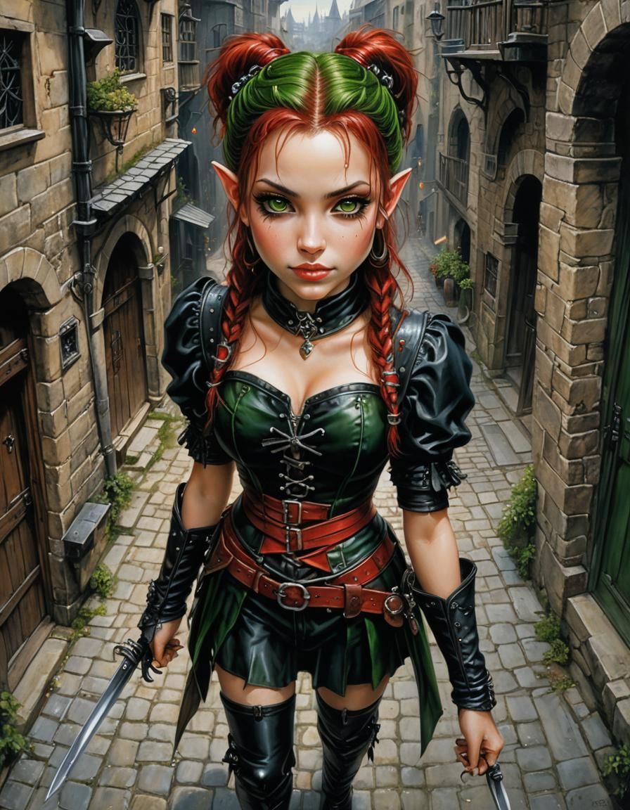 Enchanting Halfling Maiden in Medieval Outfit with Dark Fant...