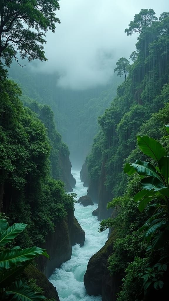Vibrant Tropical Jungle Soaked in Monsoon Torrent