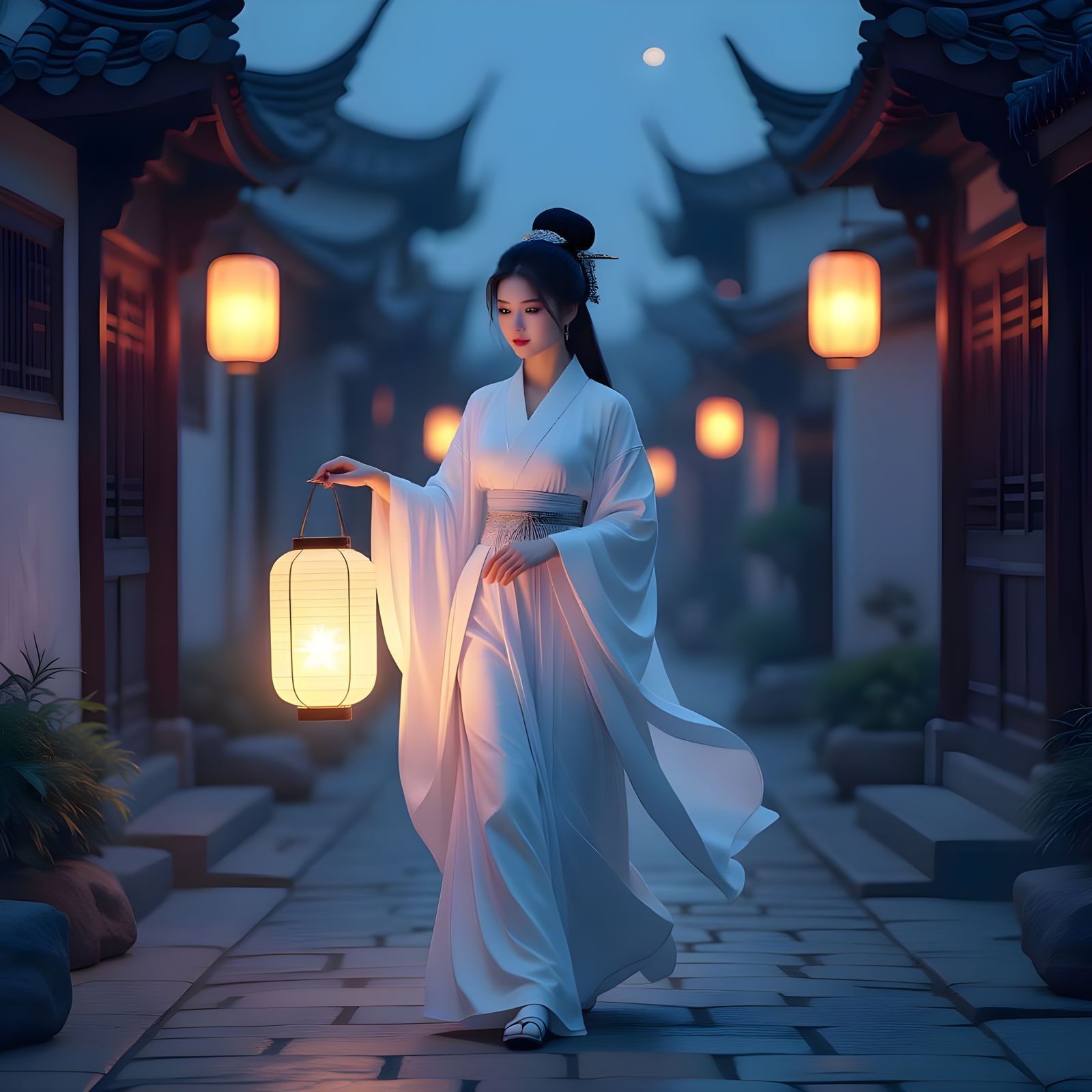 Han Dynasty Woman Carries Star Lantern on Ancient Street