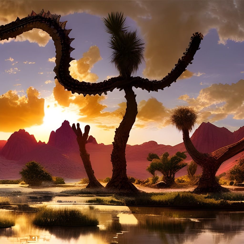 Surreal Desert Oasis Captured in Hyperdetailed Golden Hour S...