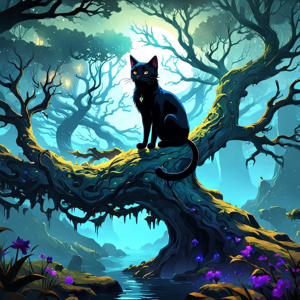 Mysterious Anime Black Cat in Enchanted Forest