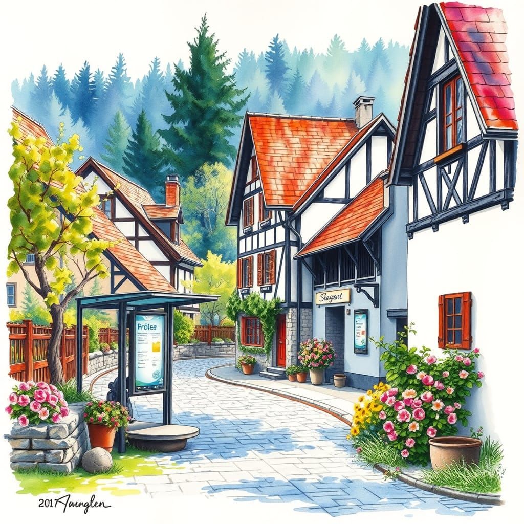 Watercolor Village Scene in the Black Forest with Busstop