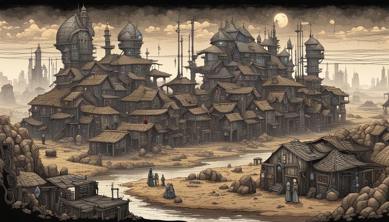 Surreal Cyberpunk Village in Dystopian Landscape