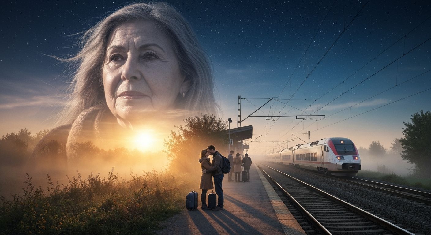 Double Exposure Portrait of Woman with Train Station Memorie...