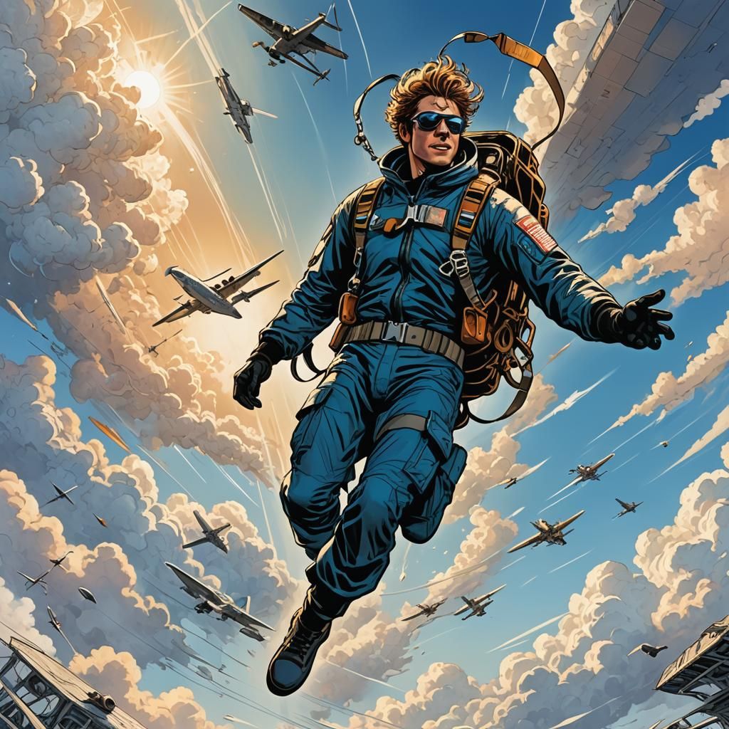 Sleek Aviator Soars Through Sky in Dynamic Comic Book Art