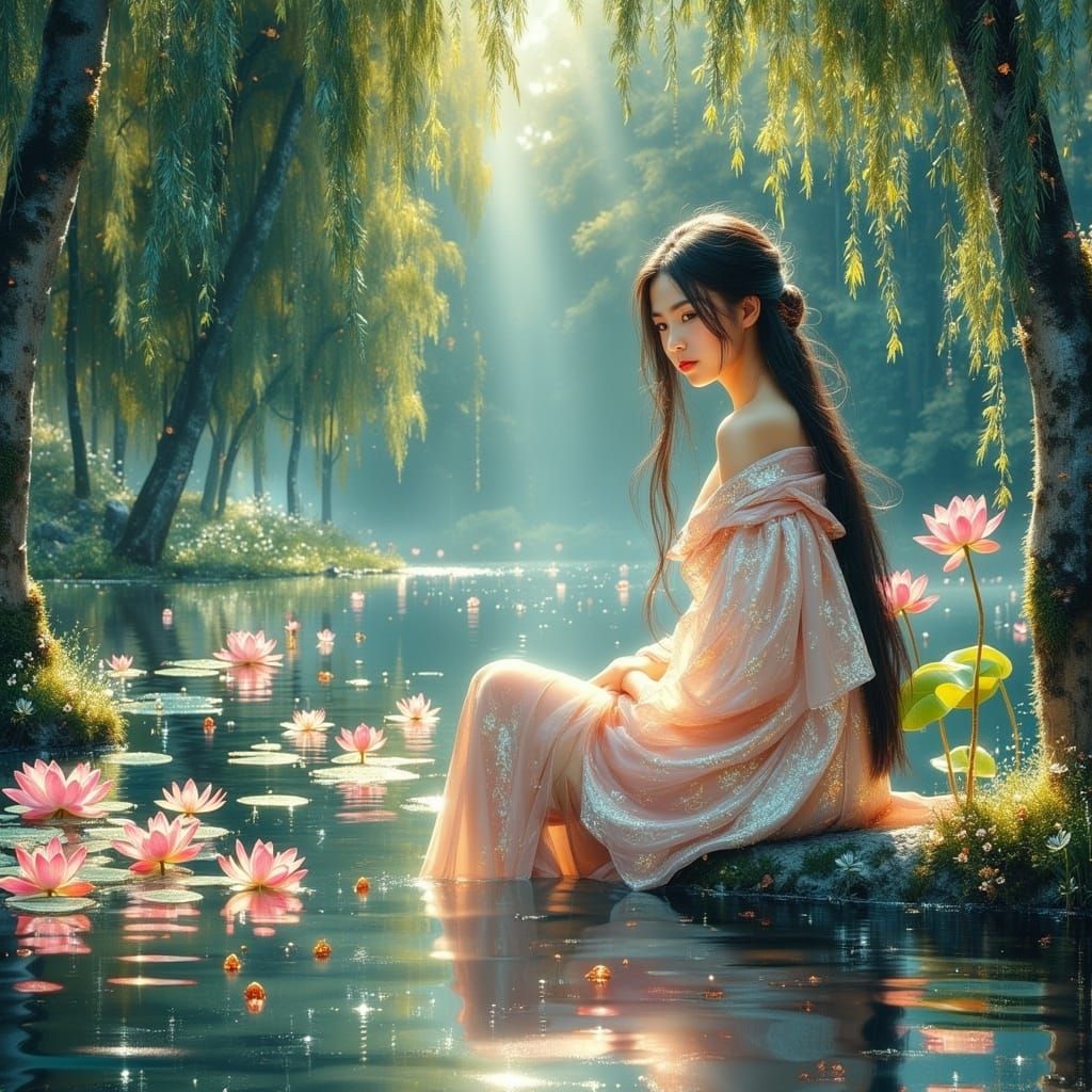 Serene Chinese Lady by Lotus Pond, Impressionistic Oil Paint...