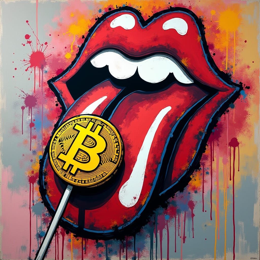 Vibrant Graffiti Tongue and Lips Licking Bitcoin Lollipop
