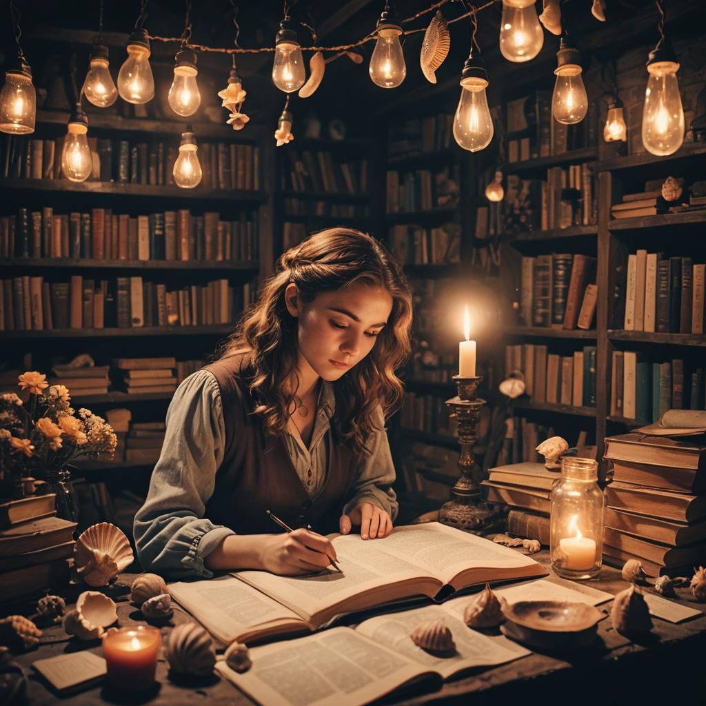 Whimsical Girl Writes by Flickering Candlelight in a Dusty A...